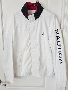Nautica Windbreaker Zip Up/Button Up Jacket Mens Size M | White w/Red | VGUC
